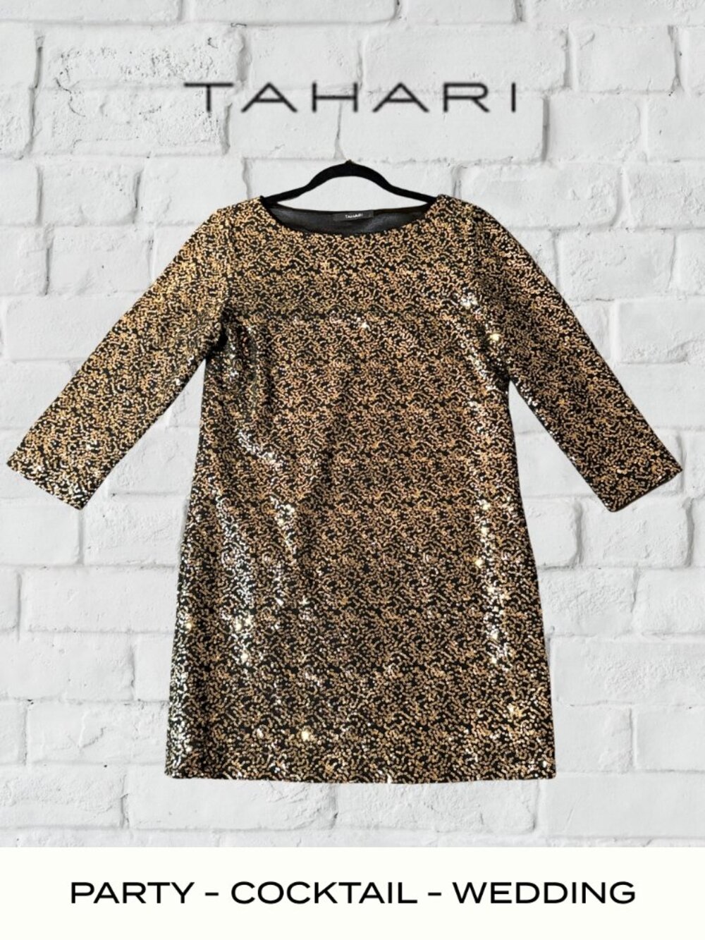 Tahari Gold & Black Sequin Shift Dress 3/4 Sleeve Lined Cocktail Party Small